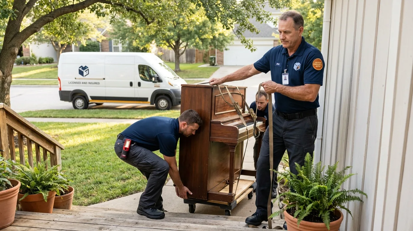 Licensed piano movers securing grand piano in Mahwah, NJ