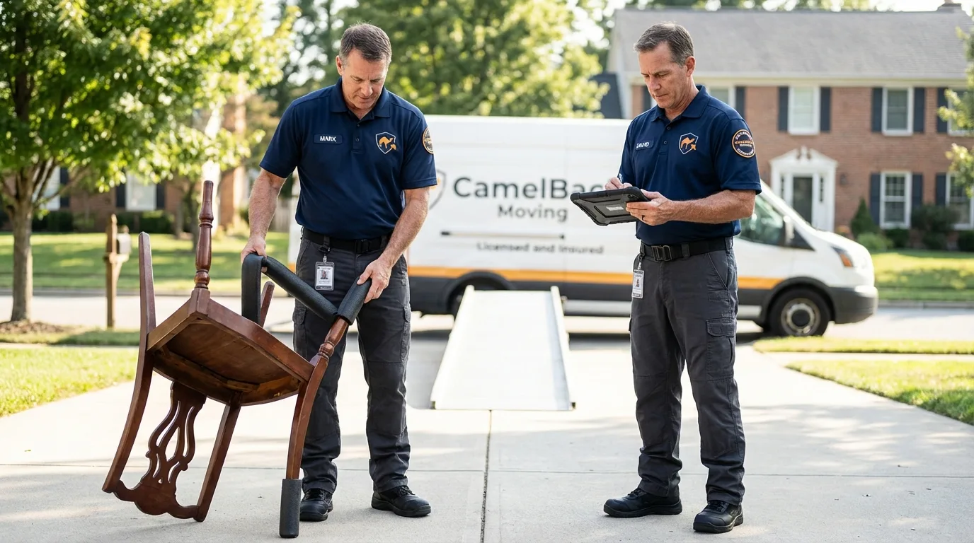 Movers inspecting furniture for damage prevention before loading in Mahwah, NJ