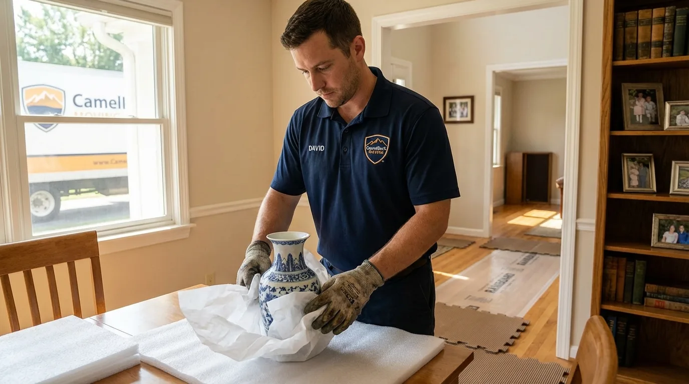 Professional crew carefully wrapping antique vase for senior downsizing move in Mahwah, NJ
